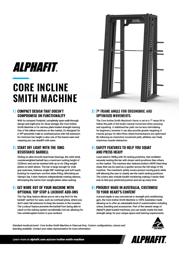 AlphaFit Core Incline Smith Machine Fact Sheet
