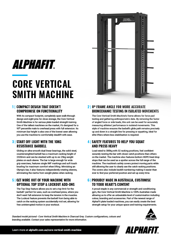 AlphaFit Core Vertical Smith Machine Fact Sheet