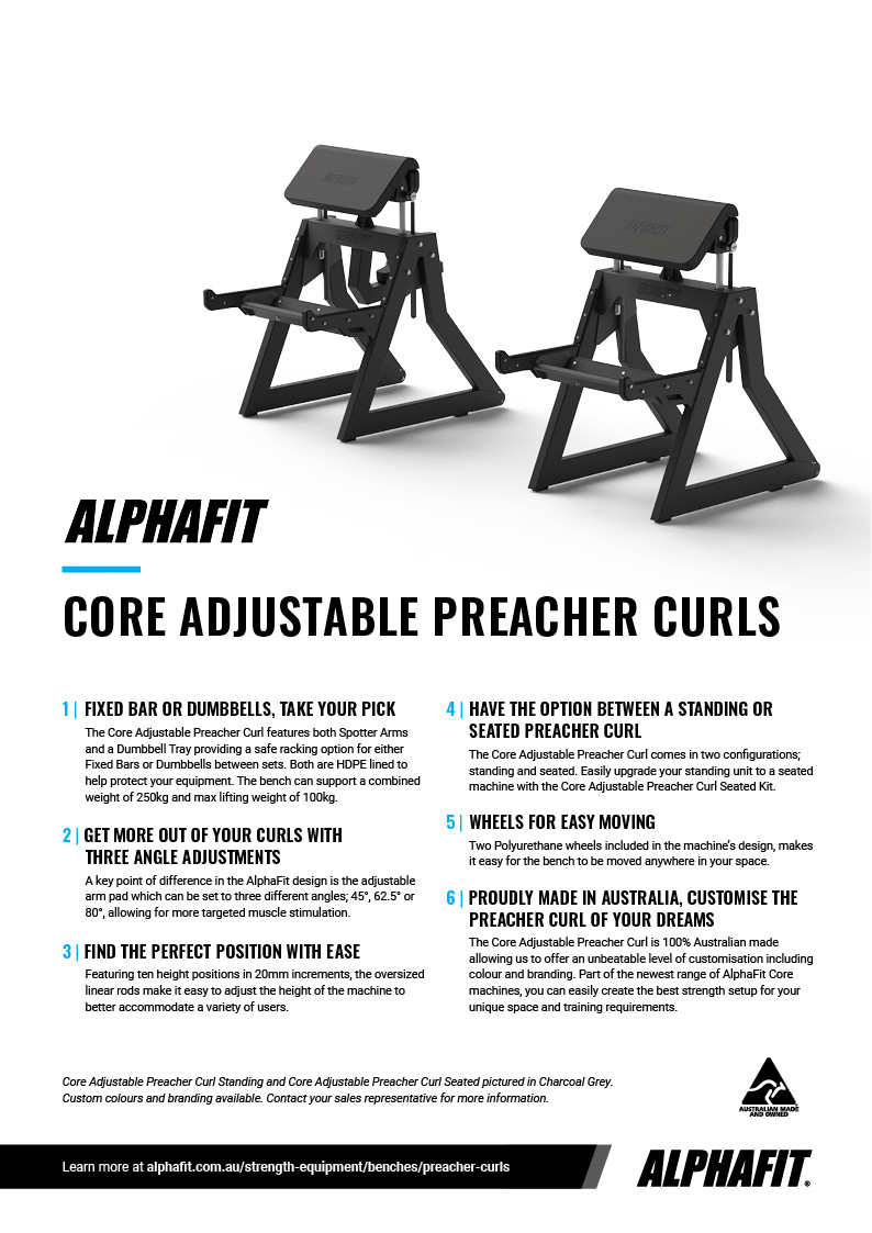 AlphaFit Core Adjustable Preacher Curl Sales Sheet