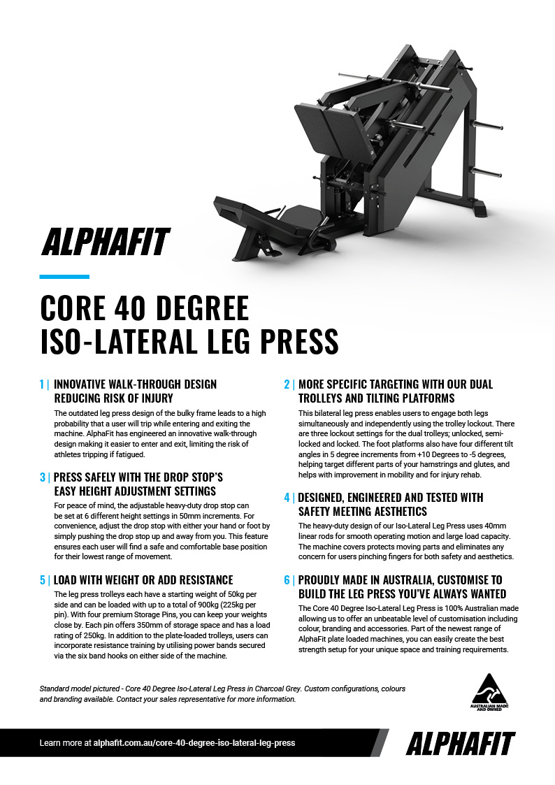 AlphaFit Core 40-Degree Iso-Lateral Leg Press Sell Sheet