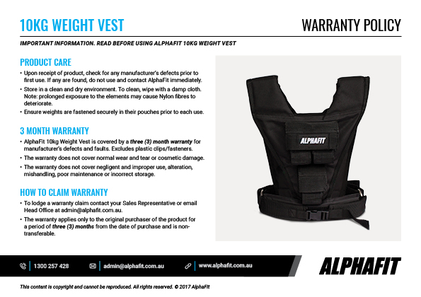10kg Adjustable Weight Vest warranty