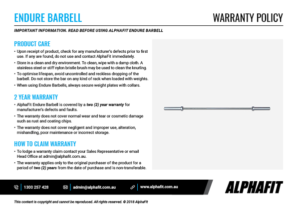 Endure Barbell warranty