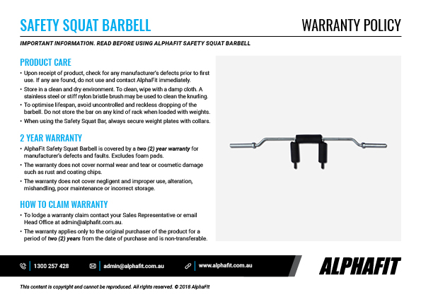 Safety Squat Barbell warranty