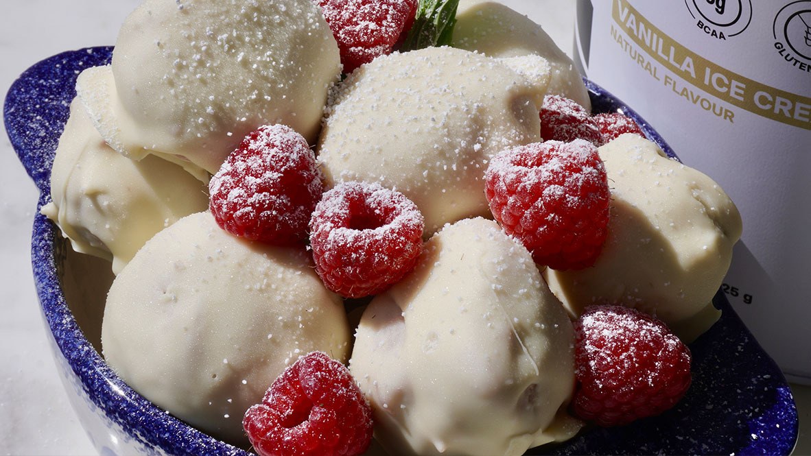 Vanilla and Raspberry Cheesecake Bites, made with AlphaFit supplements